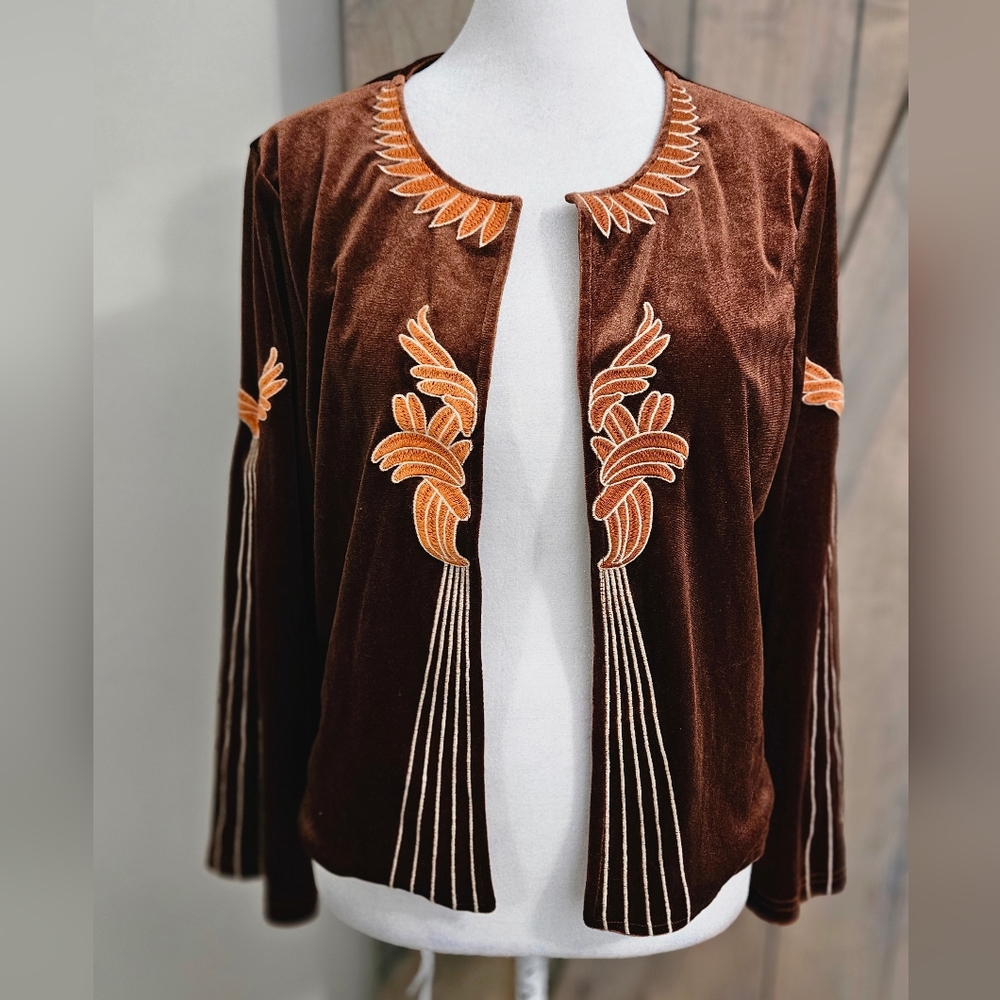 RUSTTY DUSTTY Floral Embroidery Open Front Velvet Jacket/blazer.Rust Brown M NWT - Picture 14 of 16
